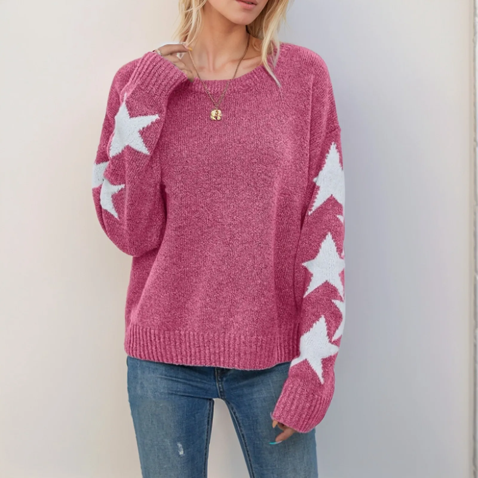 Star Jacquard Long Sleeve Women's Knitted Pullover Tops 2024 Autumn Winter Warm Long Sleeve Round Neck Sweater Fashion Casual