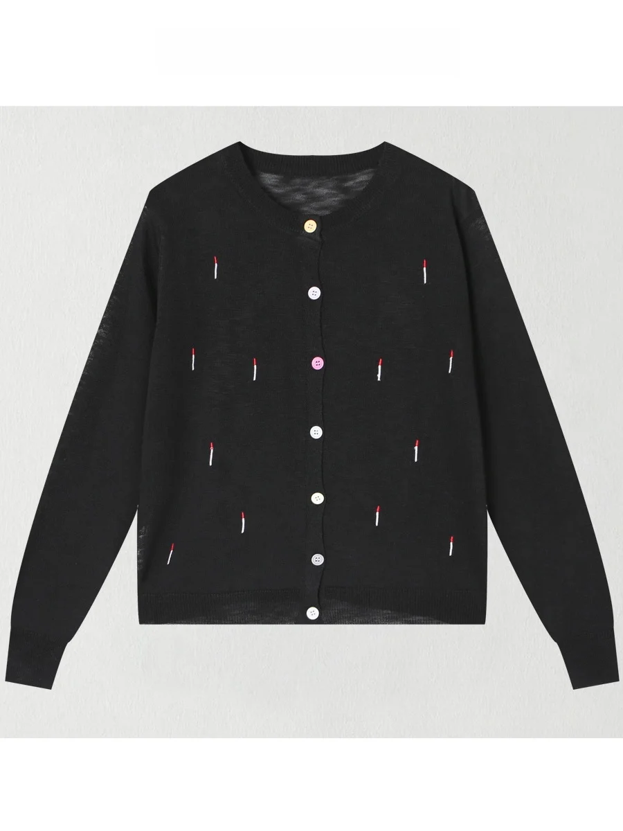 

Spring Summer Knitted Open Cardigan Minimalist Color Buckle Versatile Slimming Sugar Particle D1778 Women's Long Sleeve Sweater