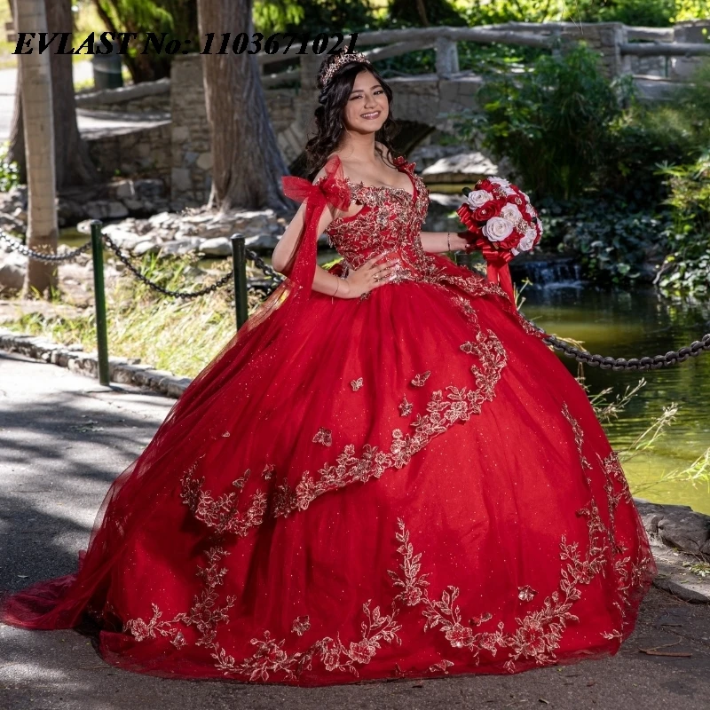 EVLAST Customized Red Quinnceanera Dress Ball Gown Shiny Lace Applique Beaded Corset Mexican Sweet 16 Vestidos De 15 Anos SQ554