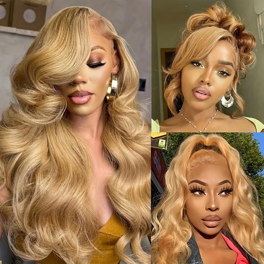 Honey Blonde Wig Human Hair 13x6 Body Wave Hd Lace Front Wigs Human Hair Pre Plucked 27# Colored Blonde Lace Frontal Wig 180% Density Real Hair Wavy Human Lace Front Wigs For Women view 5