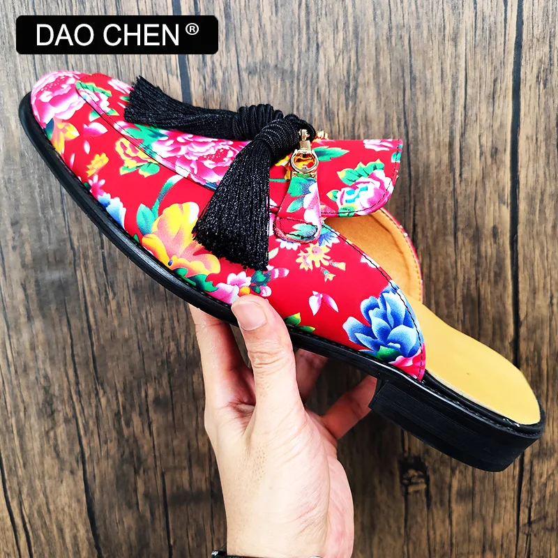 LUXURY MEN'S MULES TASSEL HALF SHOES BIG FLOWER POINTED TOE CASUAL DRESS MENS SHOES SUMMER COMFORTABLE LEATHER SHOES MEN