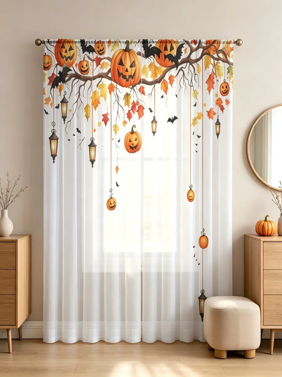 2PCS Digital Print Sheer Curtain, Pumpkin Chandelier, Halloween Spooky Holiday - Voile Drapes for Bedroom Living Room Decor