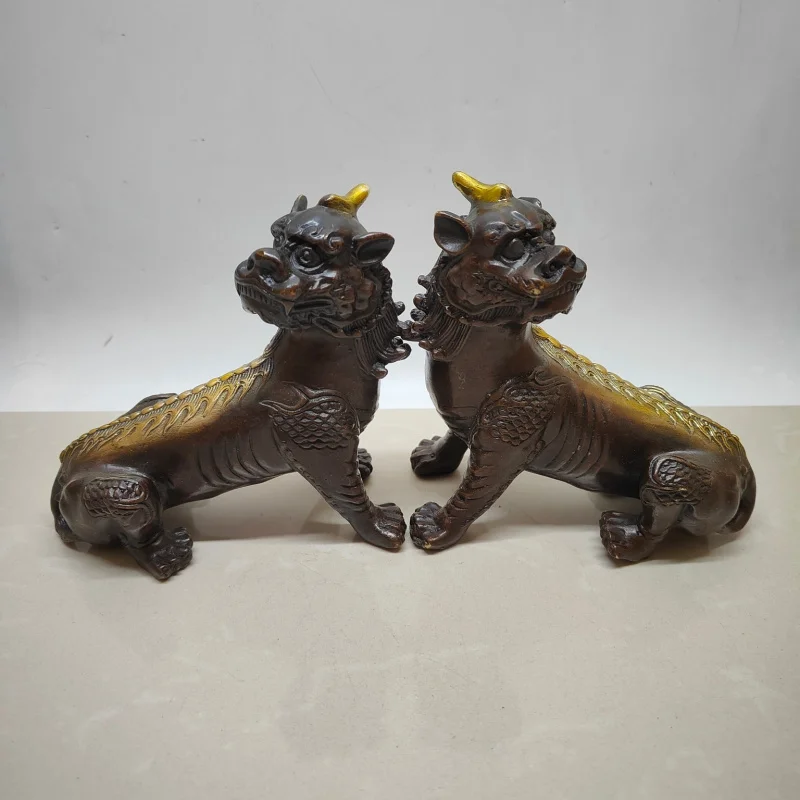 Antique Collectible DiTing Pair of Ornaments, Distressed Brass and Purple Copper Gilt Mythical Creature Decora