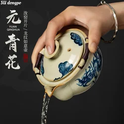 Ru Kiln Cha Wan Tea Cup Blue and White Hand Grab Pot Chinese Kungfu Tea Maker Imitation Yuan Blue and White Dragon Pattern