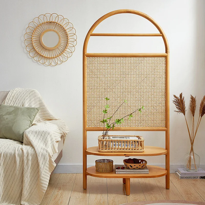 Rattan screen partition Chinese living room bedroom shade household solid wood seat screen shelf decorative shelf