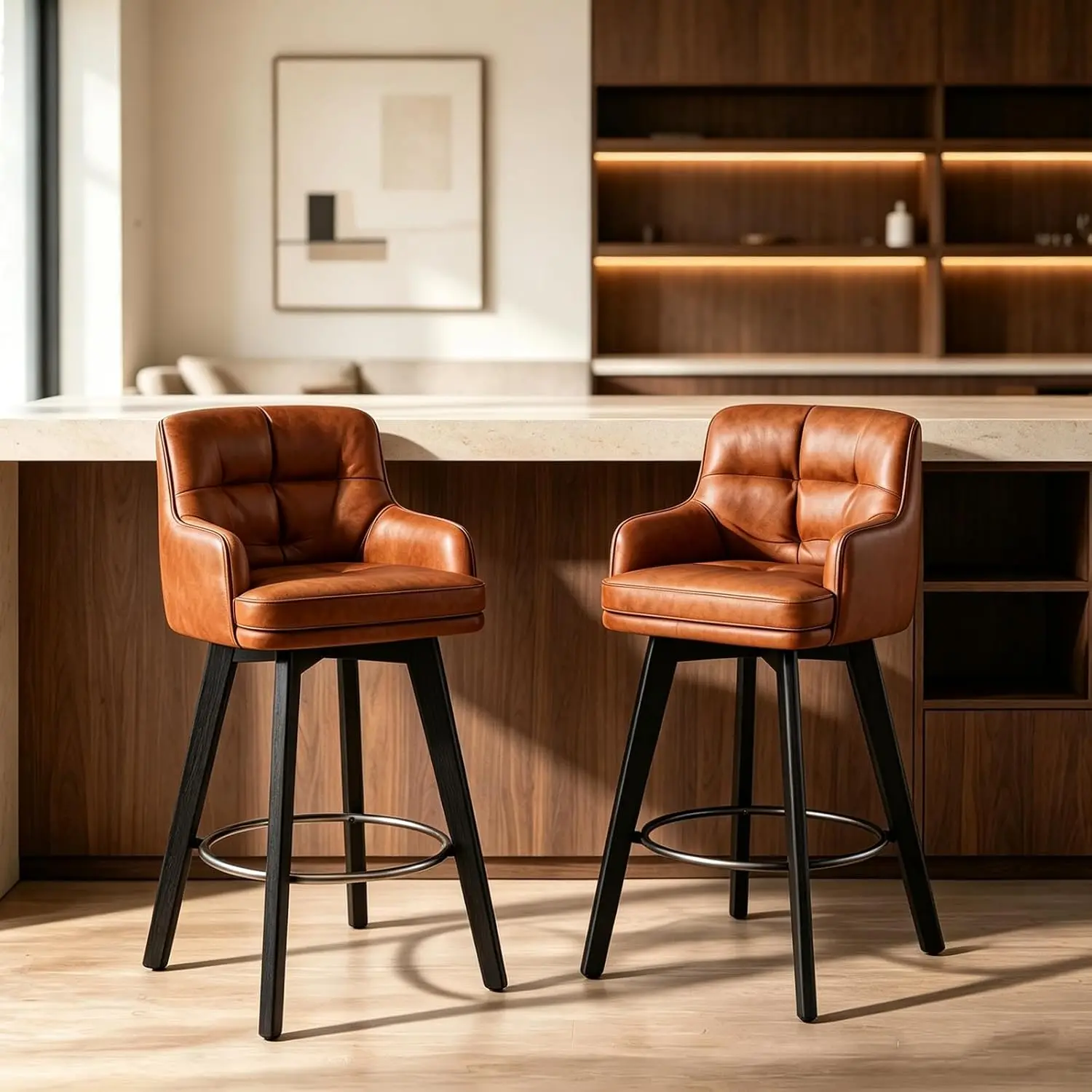 Swivel Bar Stools Set of 2 Upholstered PU Bar Chairs Tufted Modern Kitchen Island Stool with Back & Footrest Counter Height Stools with 360° Rotation for Home Bar, Dining Room