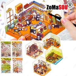 Cartoon Cute DIY 3D Landscape Sticker Black Cat House Cabin Scene Stacking and Pasting Festival Birthday Gift for Kid Child