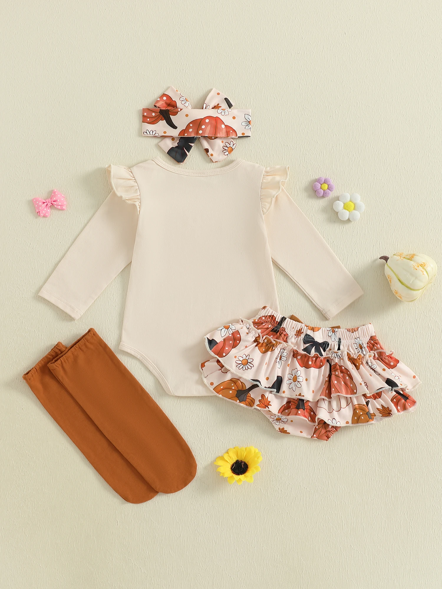 

Toddler Halloween Costume Set Pumpkin Print Romper with Tiered PP Shorts Leg Warmers and Headband for Baby Girl