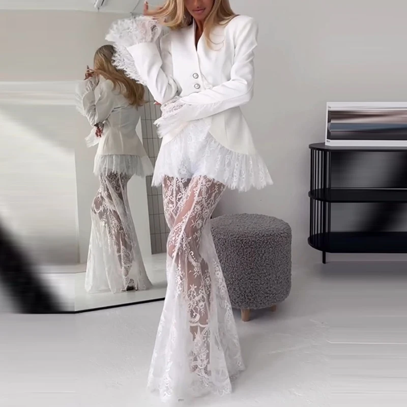 

Sexy Lace Patchwork Chic Solid 2 Piece Outfit Casual Long Sleeve Sheer Party Set Elegant V-Neck Blazer Coat & Long Skirt Clothes