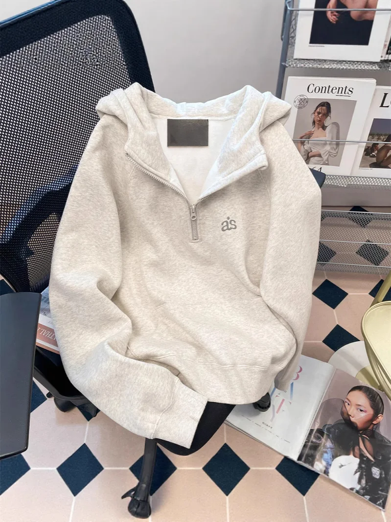 Korean Vintage Half Zip Hoodie Men Women Winter Fleece Lined Minimal Casual Couple Tops  Loose Long Sleeve Pullover Sweatshirt