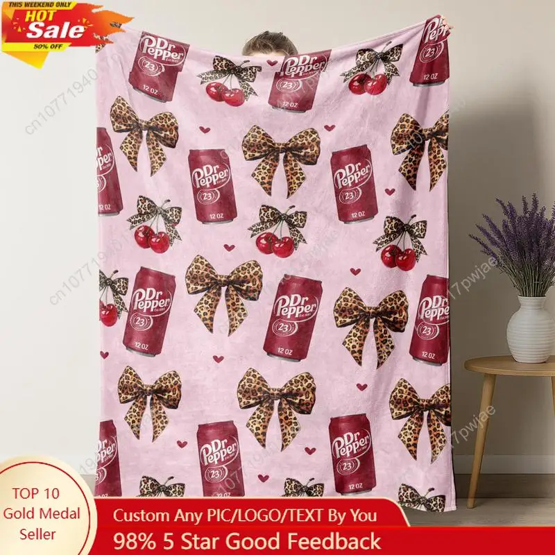 

Dr Pepper Flannel Leopard print bow Throw Blanket - Versatile For Sofa, Bed, Office, Camping- Cozy Nap Blanket Custom blankets