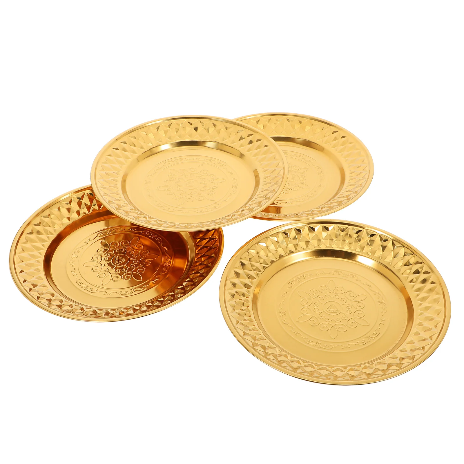 

4pcs Vintage Diamond Pattern Dinner Plates 24Cm Stainless Steel Gold Round Serving Trays For Appetizers Dessert Fruit Salad
