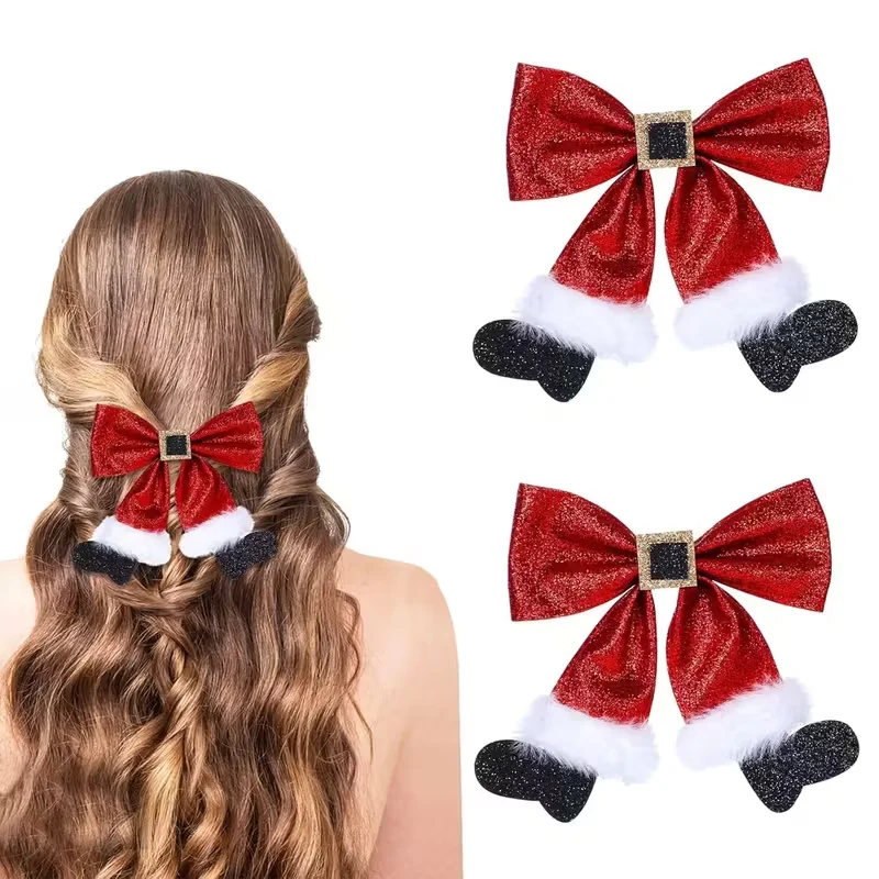 1 Weihnachtshaarnadel – Glänzende rote Schleife mit goldener Schnalle und Weihnachtsmütze-Anhänger, glänzende Entenschnabel-Haarnadel für Damen, Urlaubsparty