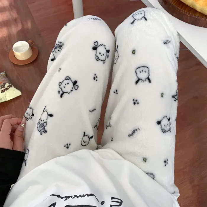 Anime Figure Sanrios Hellokittys Pochacco New Flannel Pajamas Autumn and Winter Single Pants Cartoon Plus Velvet Home Pants Gift