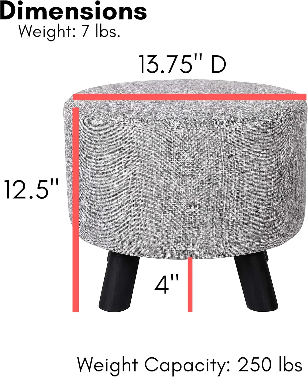 

Birdrock Home Grey Linen Foot Stool Ottoman – Soft Compact Round Padded Seat - Living Room And Bedroom – Black Wood Legs