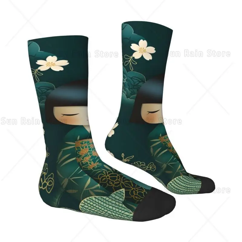 Custom Fashion Men's Sakura Japanese Girl Kokeshi Doll Dress Socks Unisex Warm Comfortable 3D Printing Crew Socks