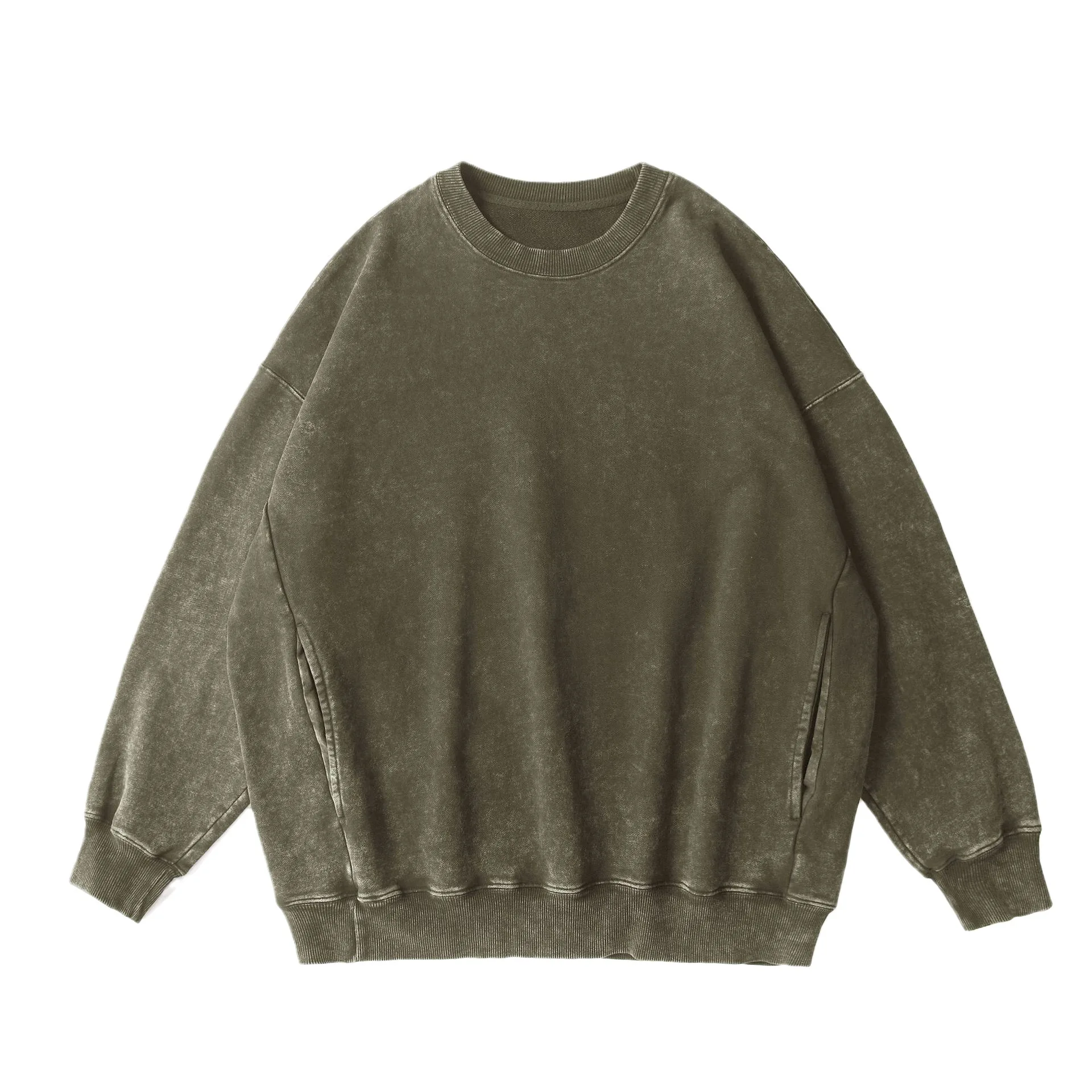 

350 pure cotton old round neck long-sleeved sweater large size shoulder down retro washed trend big hair ring side pocket