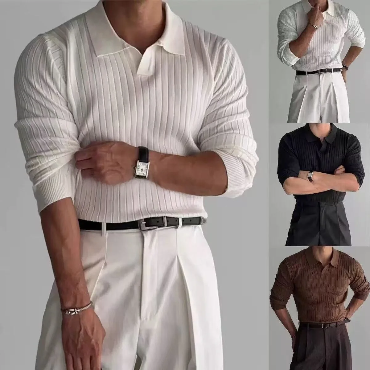 

Spring Autumn Men's Slim Fit Long Sve Knitted T-irt Pure Color Ribbed Elastic Collar Versatile Casual Faionable