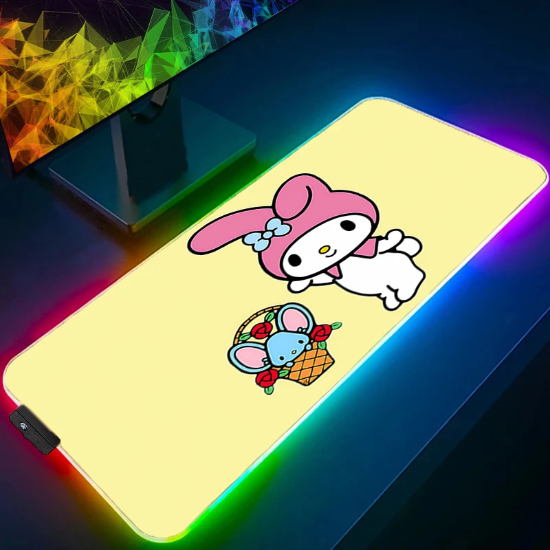แผ่นรองเมาส์ LED ลายมายเมโลดี้ ขอบเรืองแสงสีขาว น่ารัก อุปกรณ์เสริมสำหรับเกมเมอร์ คีย์บอร์ดความเร็วสูง ขอบยางกันลื่น แผ่นรองโต๊ะ RGB สำหรับแล็ปท็อป