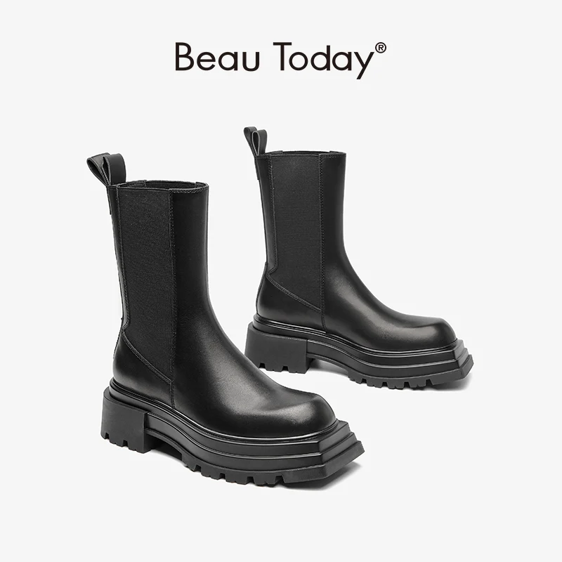 BeauToday Chelsea Boots Women Genuine Cow Leather Platform Round Toe Mid-Calf Length Autumn Ladies Shoes Handmade 02535