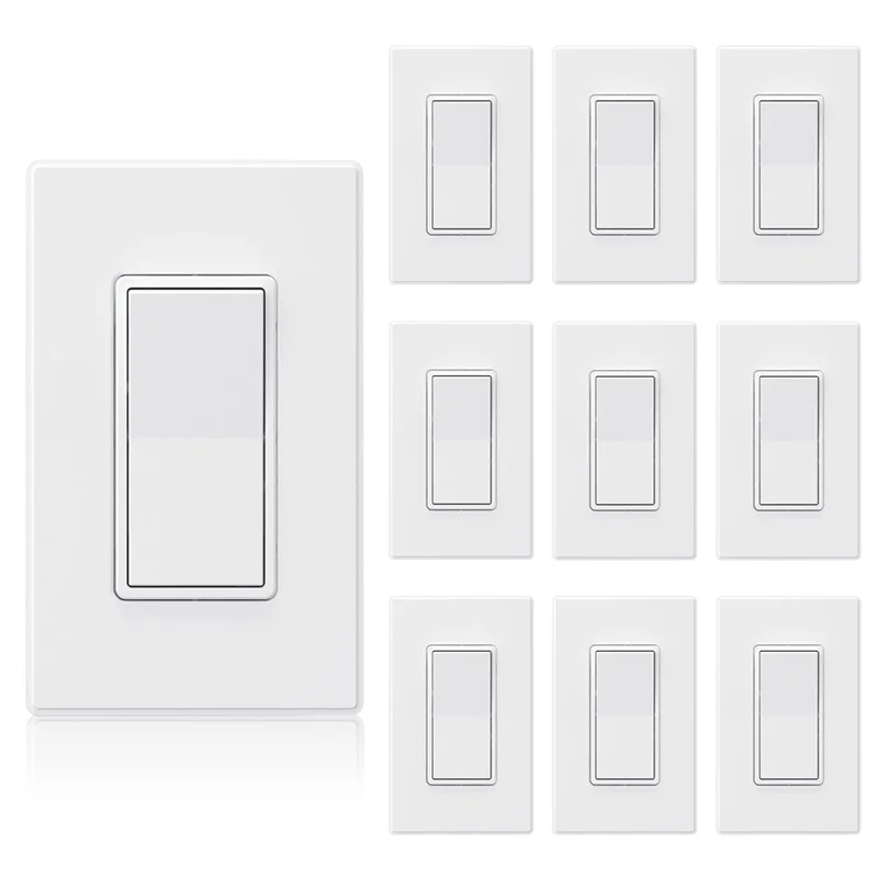 

ABKO-On/Off Wall Switch, 15Amp, 120-277V, Matte White Single Pole Decorator Light Switch Paddle Rocker Replacement 10-Pack