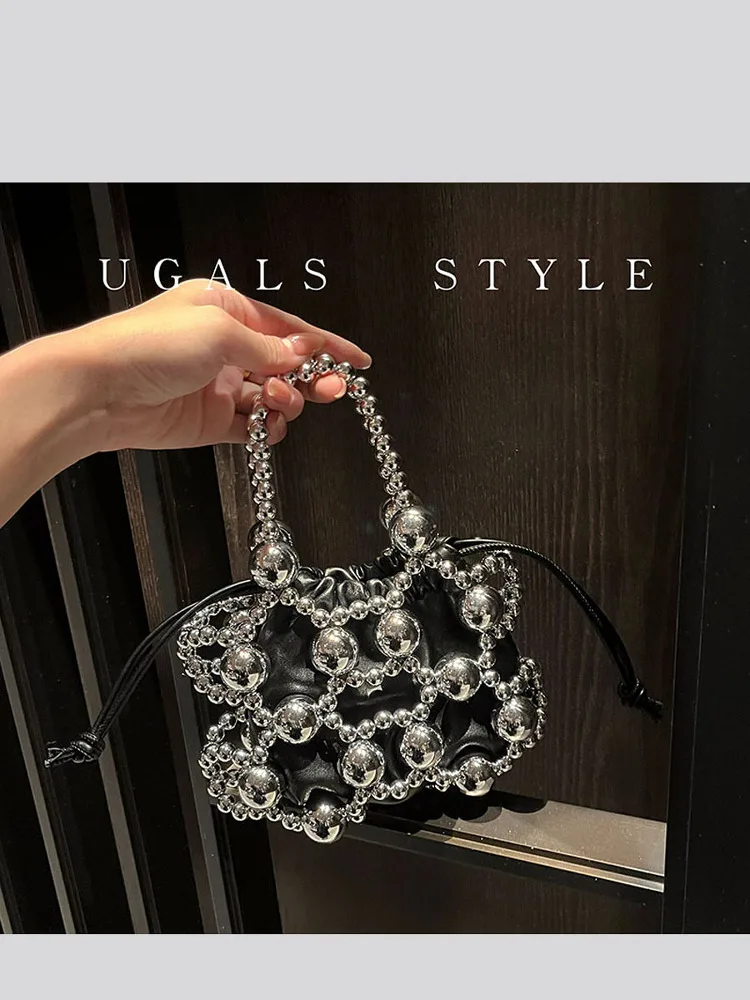 

Сумка-ведро UGALS в стиле ретро, ручной работы, с бисером и жемчугом, плетеная, женская, через плечо, с жесткой ручкой в британском стиле