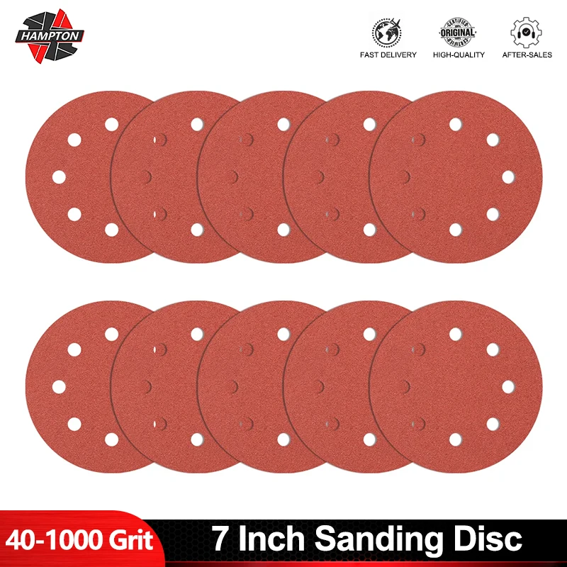 

HAMPTON 10 шт., 7-дюймовый шлифовальный диск, 8 отверстий, крючок и петля, зернистость 40-1000, флокирующая наждачная бумага для дерева/металлообработки, инструменты для полировки