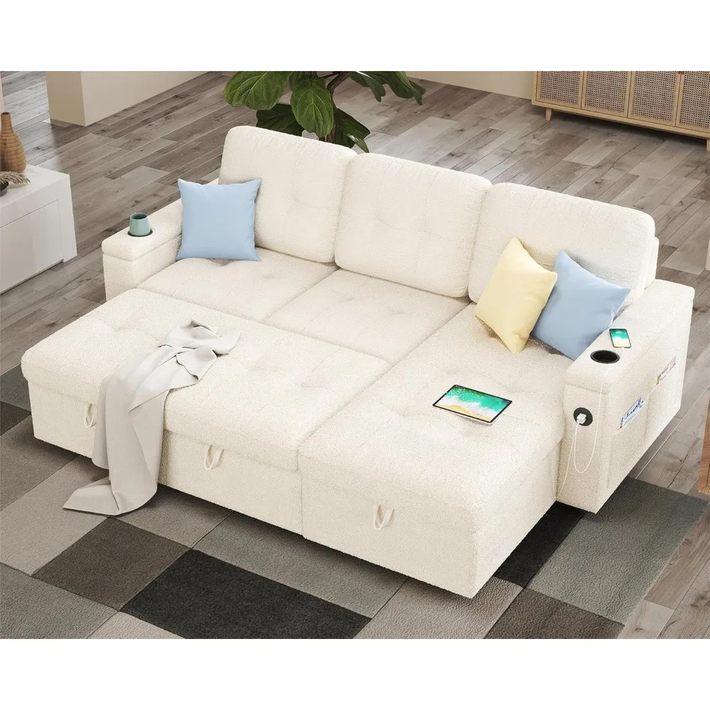 

84 Inch Pull Out Couch, Sleeper Sofa with Storage Chaise, Tufted L Shape Convertible Couch with 2 USB & Cup Holders, Bou