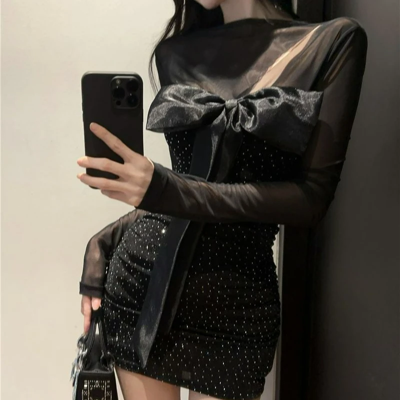 Fashionable Sweet Spicy Sexy Mesh Patchwork Dress for Women Elegant Tight Waist-cinching Slimming Short Skirt 2026 Spring Autumn