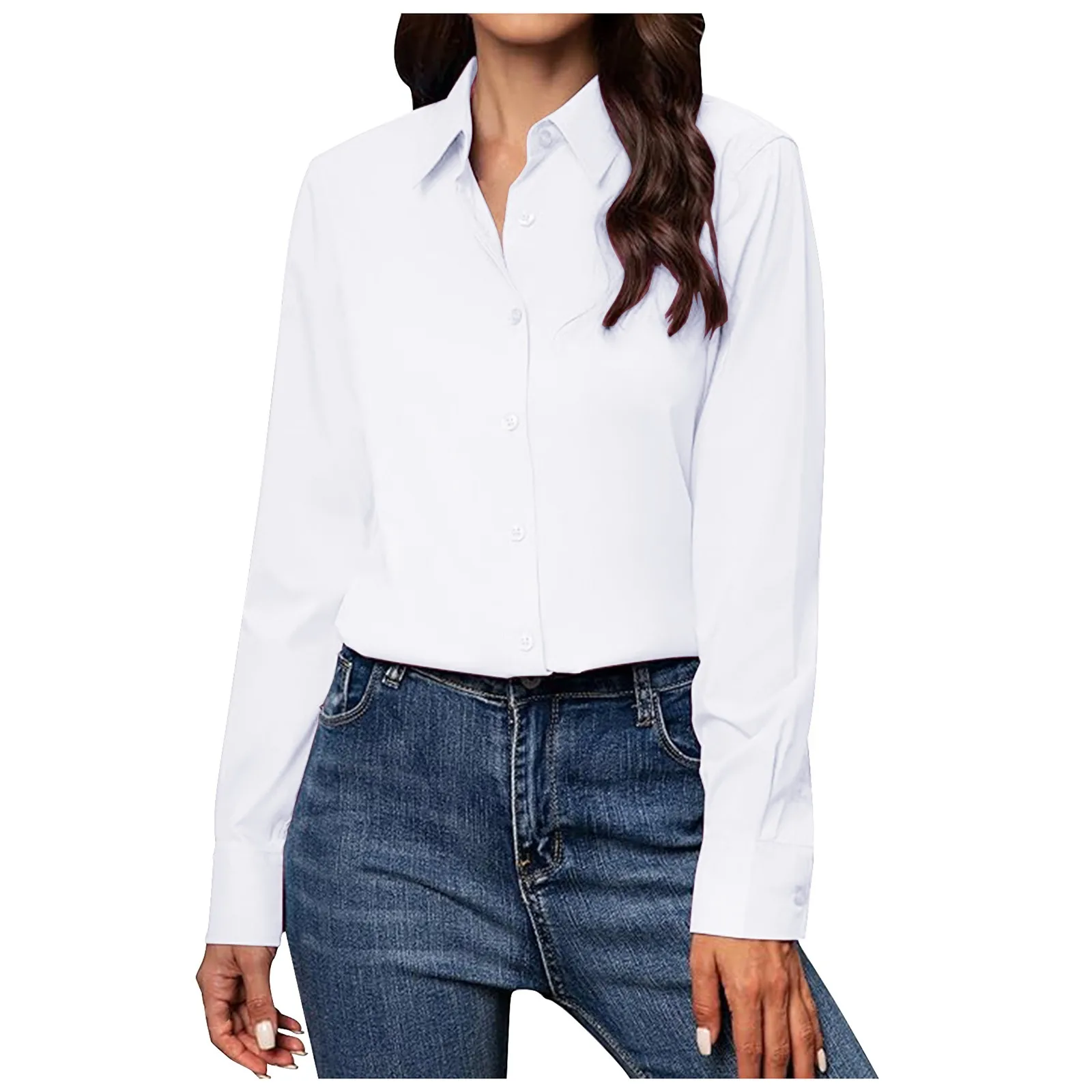 New Women's White shirts Fashion Casual Long Sleeve lapel Cardigan Button Up Shirt Top Women Solid Color Formal Business attire