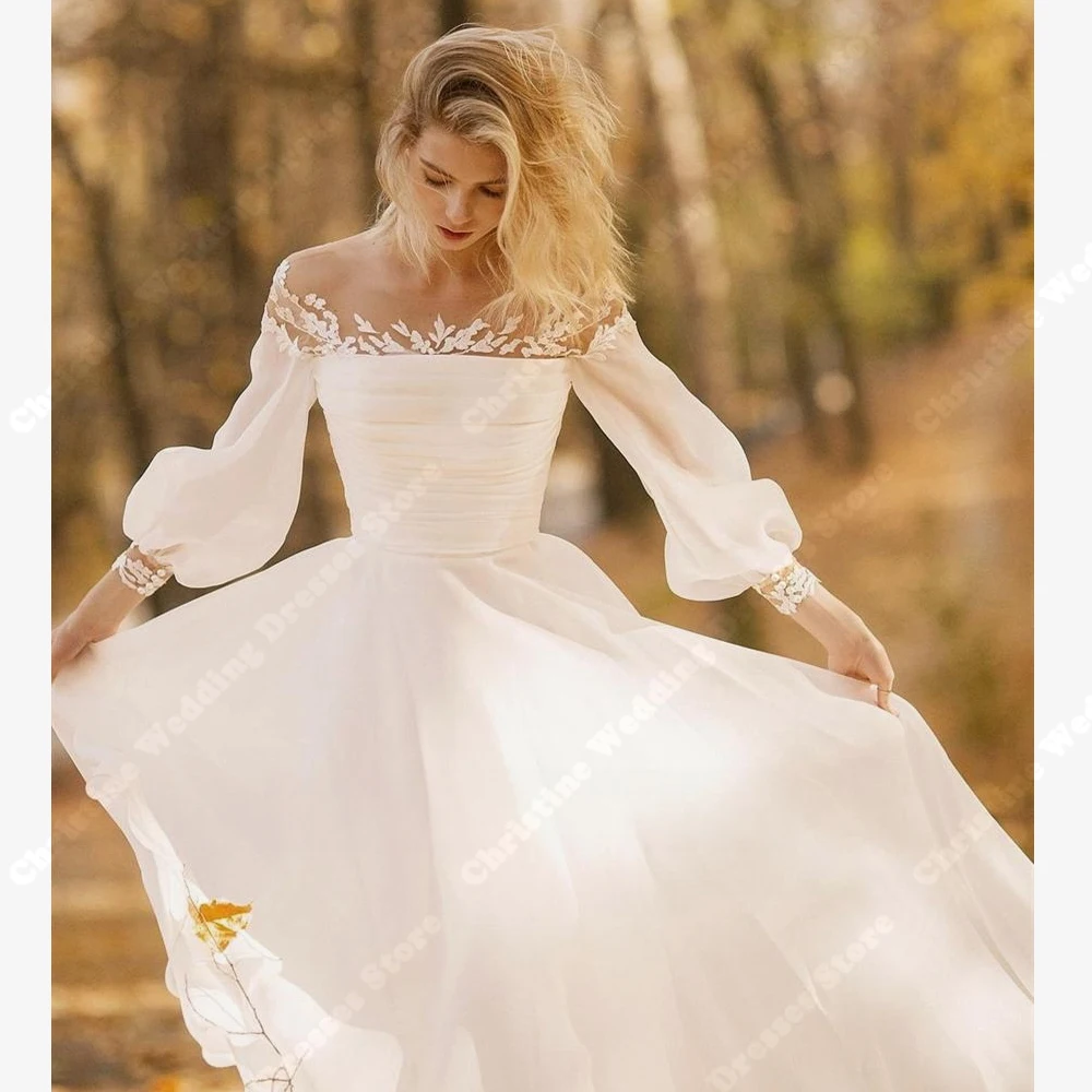 Robes de mariée en mousseline de soie à manches longues pour femmes, dentelle simple, imprimé floral, tout ce qui est solide, robe de mariée éducative, ligne A, douce, 2024