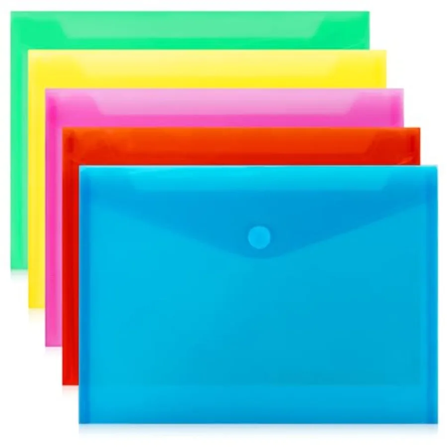 Buste in plastica trasparente Confezione da 5 buste in plastica poli con chiusura Formato lettera A4 Impermeabile riutilizzabile 5 Colo Ideale per Sch