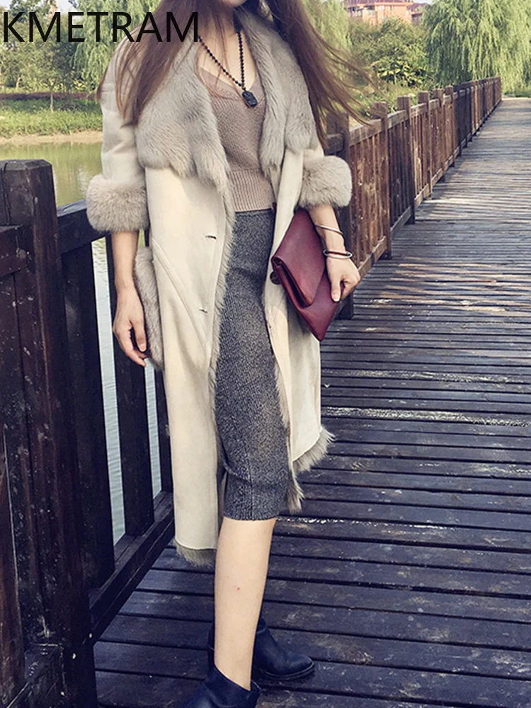 Veste de fourrure Double face en laine de chèvre naturelle pour femme, manteau Long de haute qualité en vraie fourrure, vêtements d'hiver pour femme, 2025 шу onder