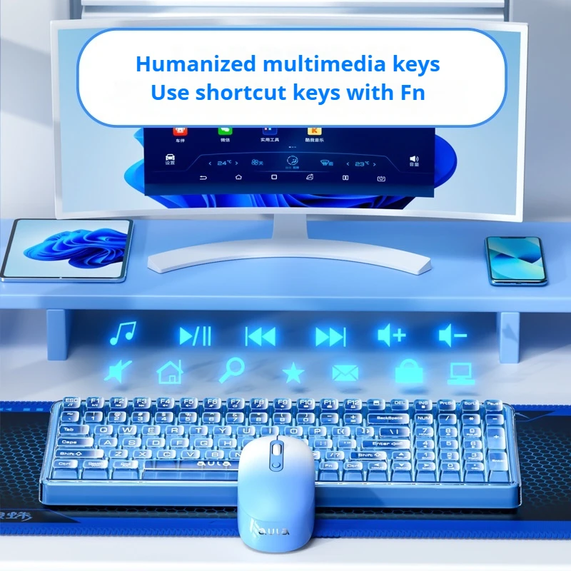 Aula Ac210 Small Flipped Keyboard Mouse Set Wireless Transparent Mechanical Touch Office Typing Computer Laptop Peripheral