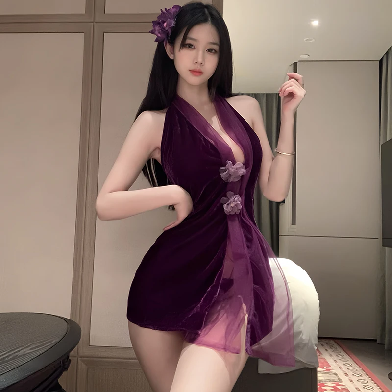 

Bad Girl Style Velvet Cheongsam Sexy High Slit Qipao Purple Lingerie Set Sleepwear