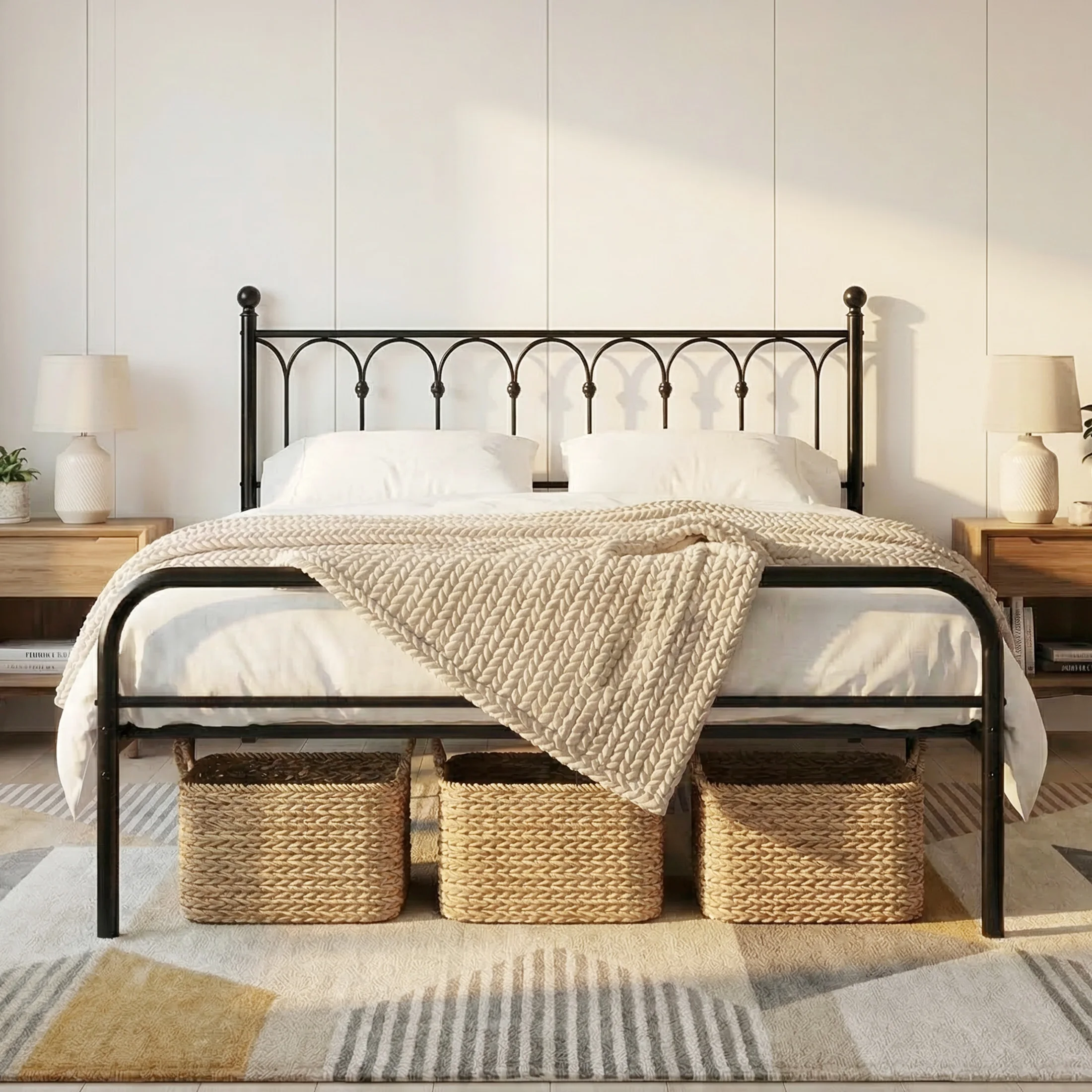 

Кровать-платформа JHK Square Metal Platform Bed Frame Heavy Duty с местом для хранения под кроватью 11,9 дюймов, не требует пружинного блока, простая сборка, для гостиной.