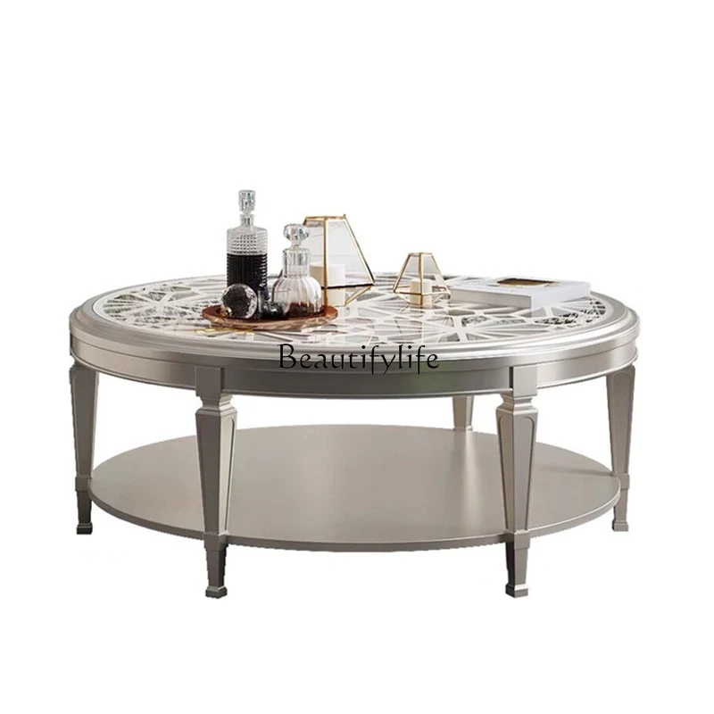 

American round coffee table modern living room simple light luxury coffee table glass hollow design solid wood carving flower