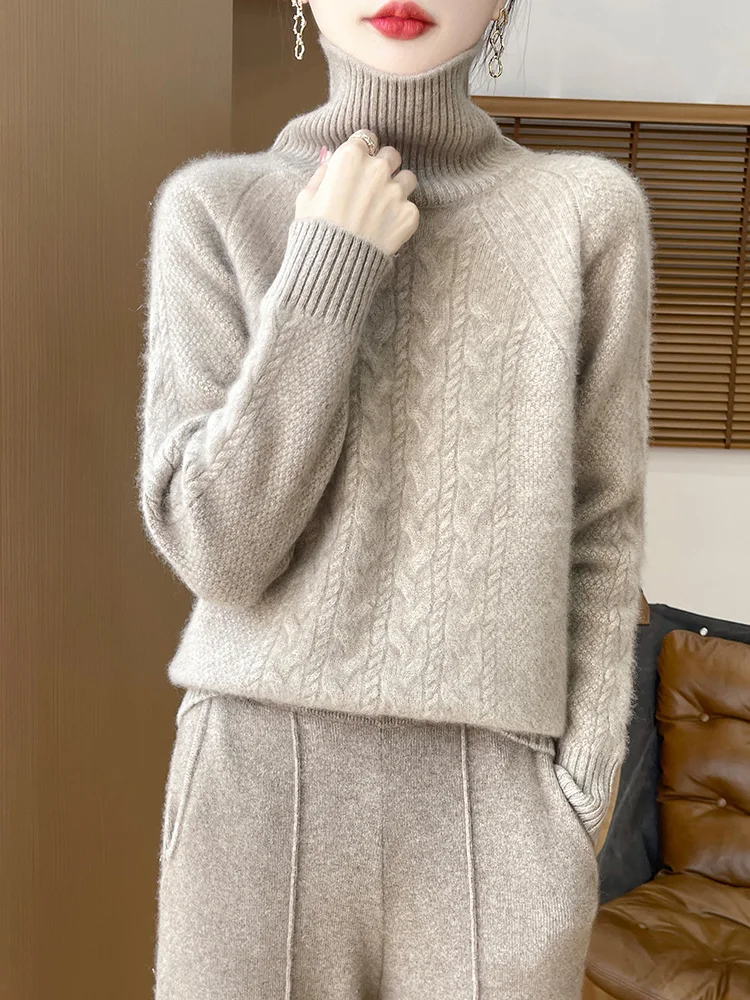 

Women's 100% Wool Knitted Sweater, Turtleneck, Long Sleeve, Fashion, Korean Style, Top, Autumn/Winter 2024, Pullover