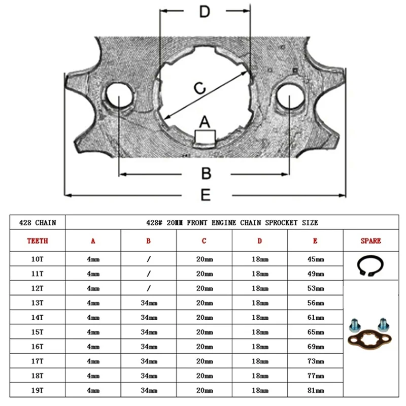 Motor dianteiro ATV de motocicleta 428 #   10T 11T 12T 13T 14T 15T 16T 17T 18T 19T Dentes 17mm 20mm Roda dentada de corrente com trava de placa de retenção