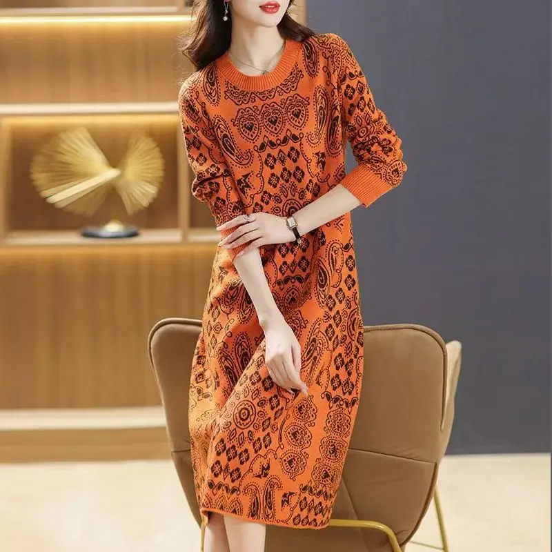 Feminino vintage impressão em torno do pescoço solto vestido floral primavera outono malha base camada vestido casual