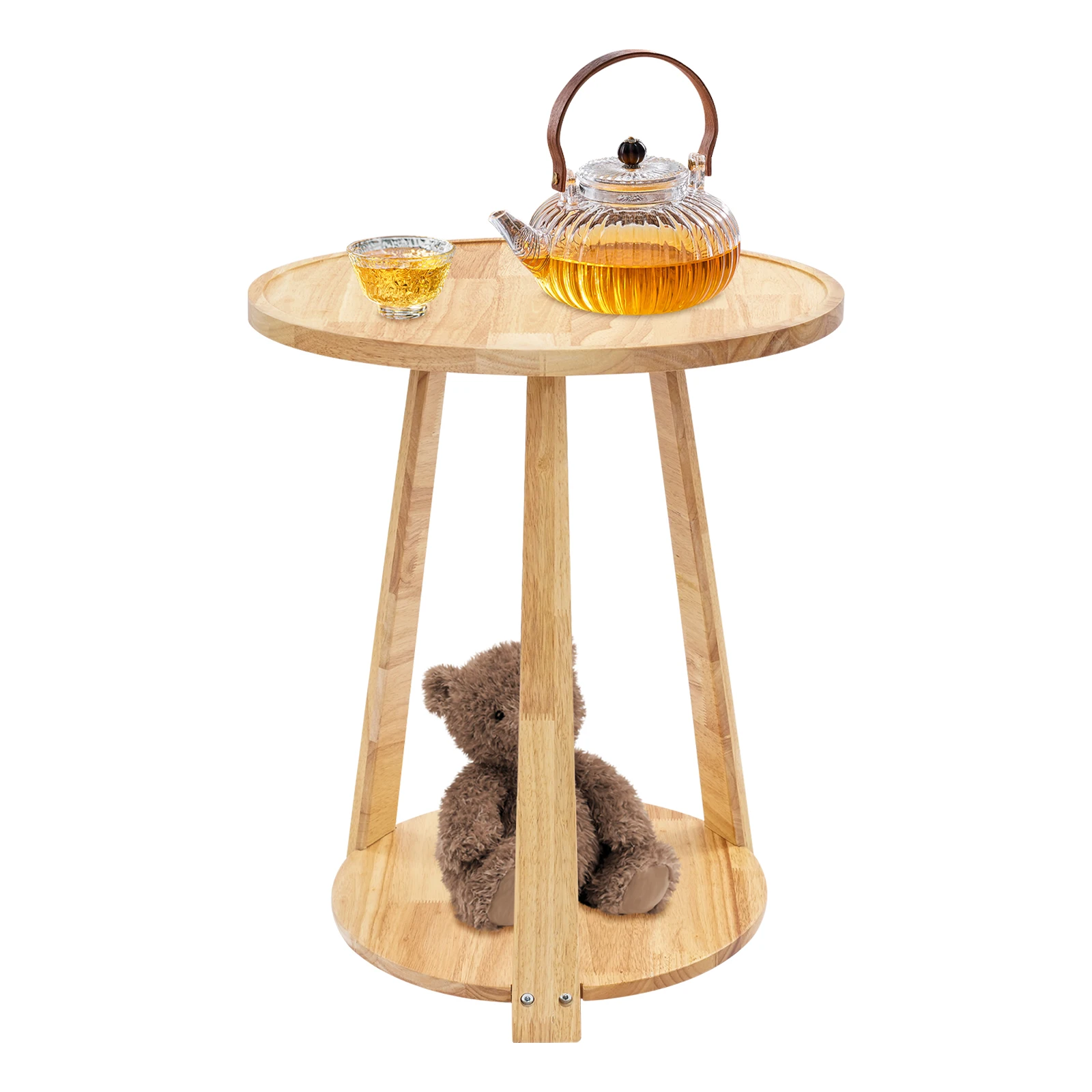 2 Tier Round Wood Side Table 50cm, Modern Coffee Table with Raised Edge for Living Room Balcony, 55lbs