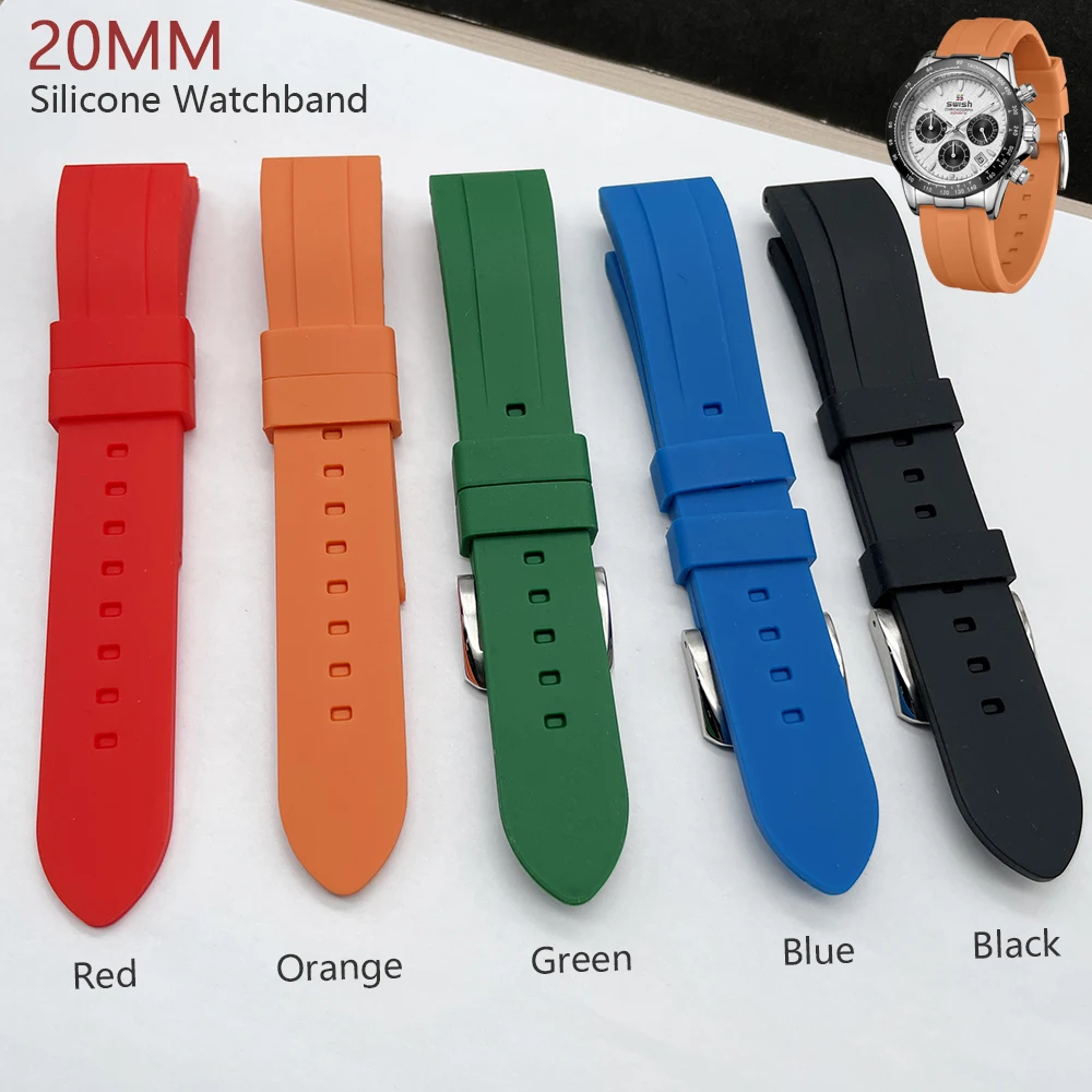 Standard 20mm Silicone Watch Strap Black Red Blue Green Orange Rubber Watchband for Sports Watch Soft Men\'s Watch Bracelet