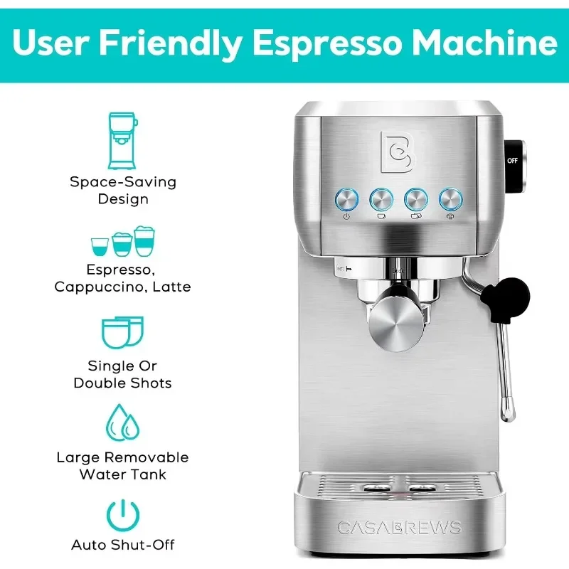 CASABREWS Espresso Machine 20 Bar, Espresso Maker Cappuccino Machine with Steam Milk Frother, 49oz Removable Water Tank, Silver