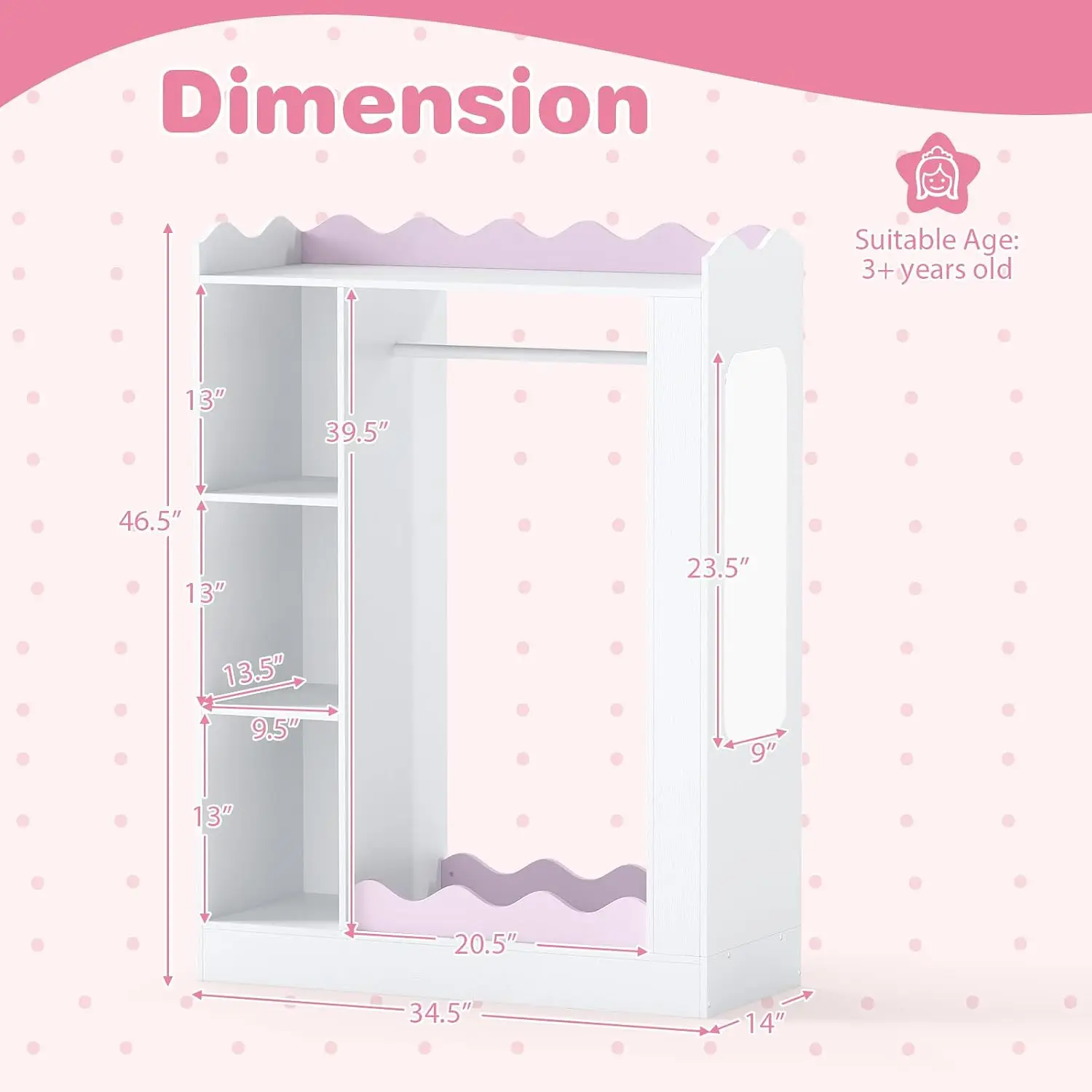 Storage Wardrobe with Mirror & Open Hanging Rack, Shelves Cabinet for Bedroom Playroom Preschool, Customized view 3