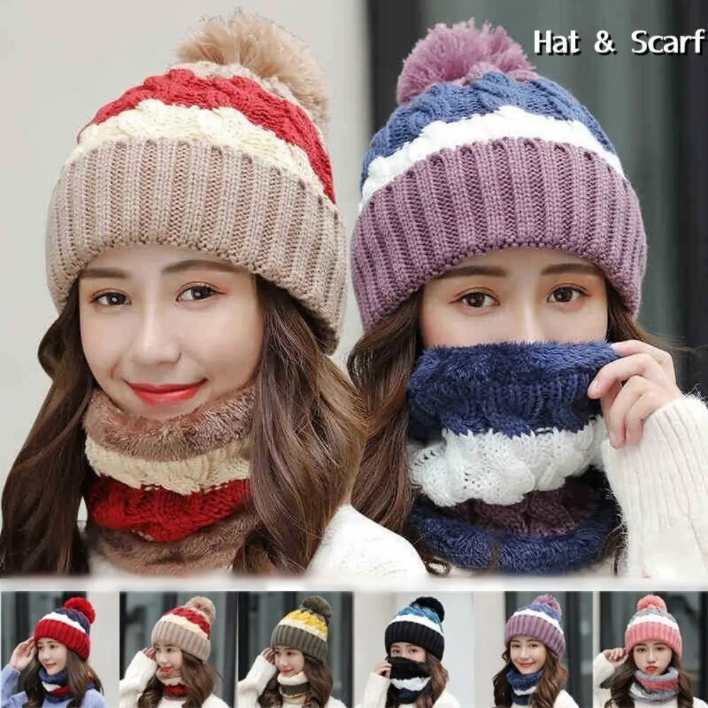 Topi rajut wanita, 2 buah/set hangat musim dingin perlindungan leher topi beanie lembut topi syal wanita tahan angin