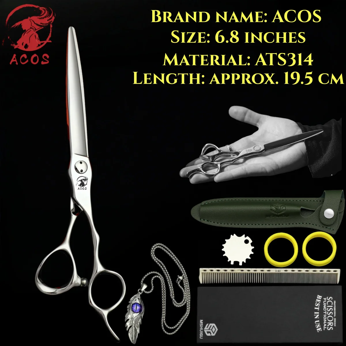 

Профессиональные парикмахерские ножницы ACOS ATS314 из стали, 6.2-6.8 дюймов, высококачественные, для салонов и барбершопов, для сухого и влажного использования, с подшипниками и винтом