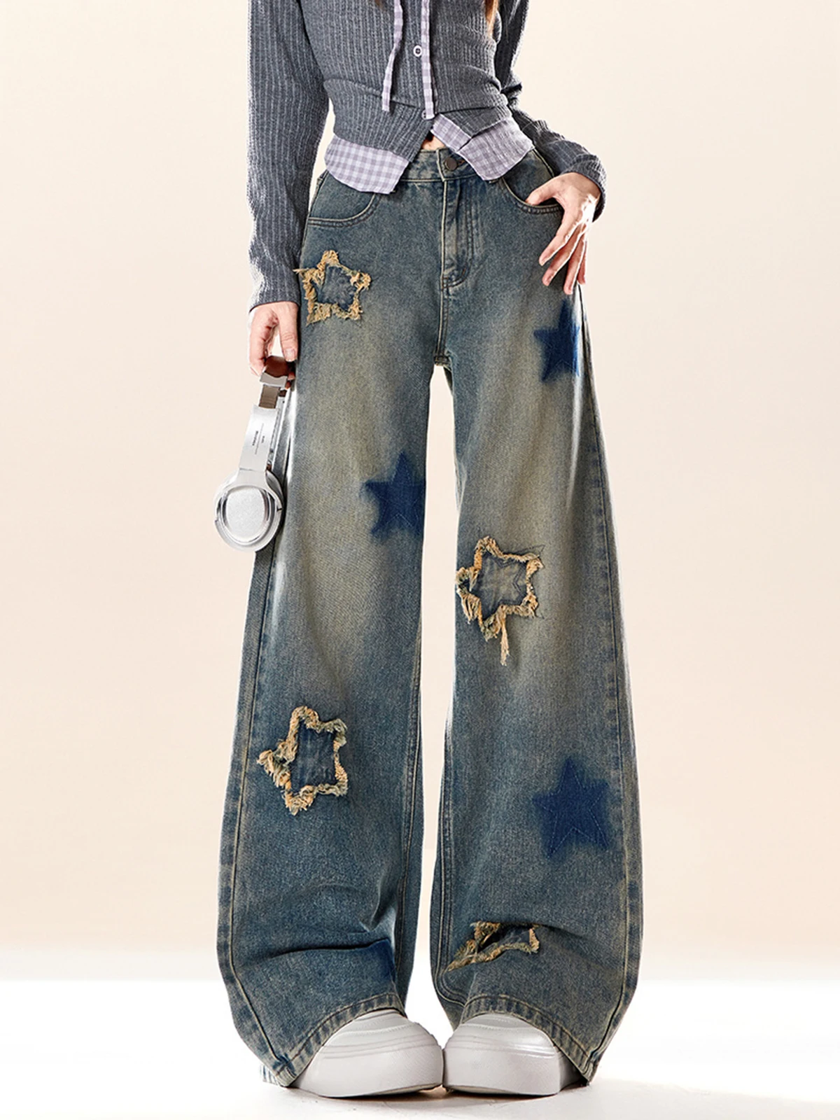 

Джинсы ENJOG Vintage Star Denim с высокой талией, свободные, прямые, в пол, для женщин, повседневные, с эффектом потертости