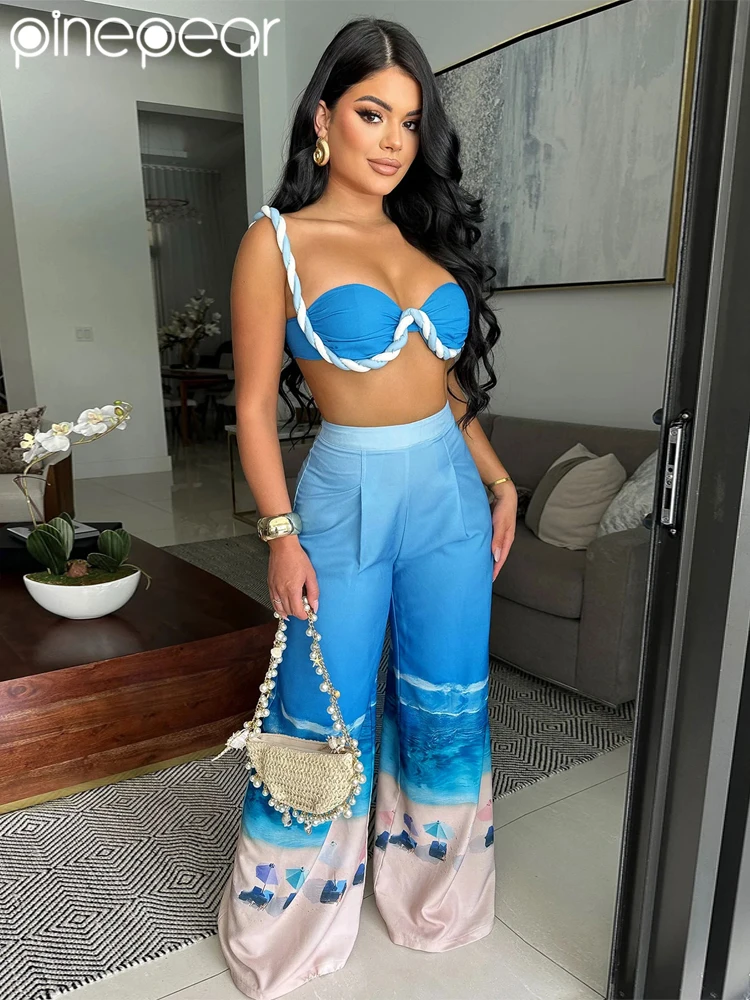 

PinePear Fashion Blue Print Boho Beach Two-Piece Outfits Summer Bra Crop Top And Wide Legs Pants Sets Night Out Tracksuits 2025
