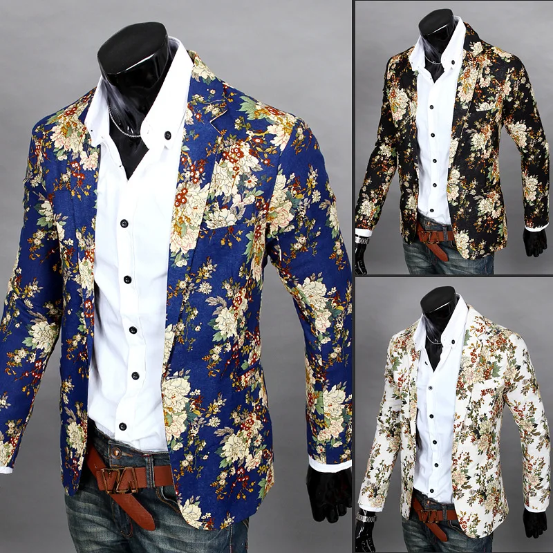 New Male Retro Vintage Casual Blazer Beauty Print Design Mens Fashion Suit Jacket Singer Costume fashion nightclub dance Coat