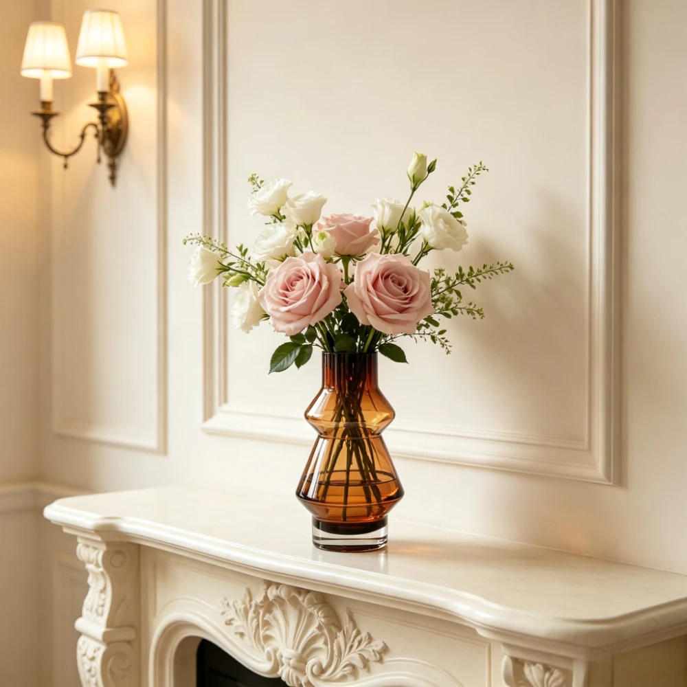 Vintage Amber Glass Vase Unique Geometric Shape Glass Flower Vase Hydroponics Fresh Cut Flowers Home Bookstore Decoration